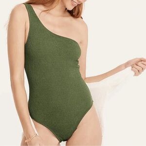 J. Crew One Shoulder Olive Green Ribbed One Piece Bathing Suit Swimsuit NWT 18